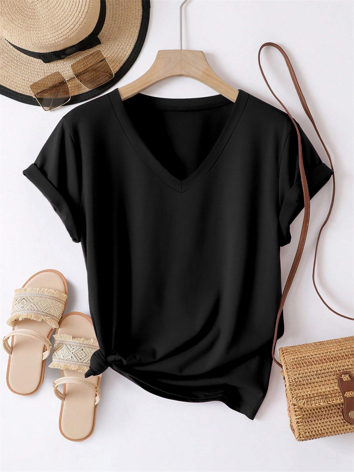 Damestop met V-hals en korte mouwen - Zacht casual T-shirt, comfortabele stof voor yoga, sportschool en dagelijkse fout
