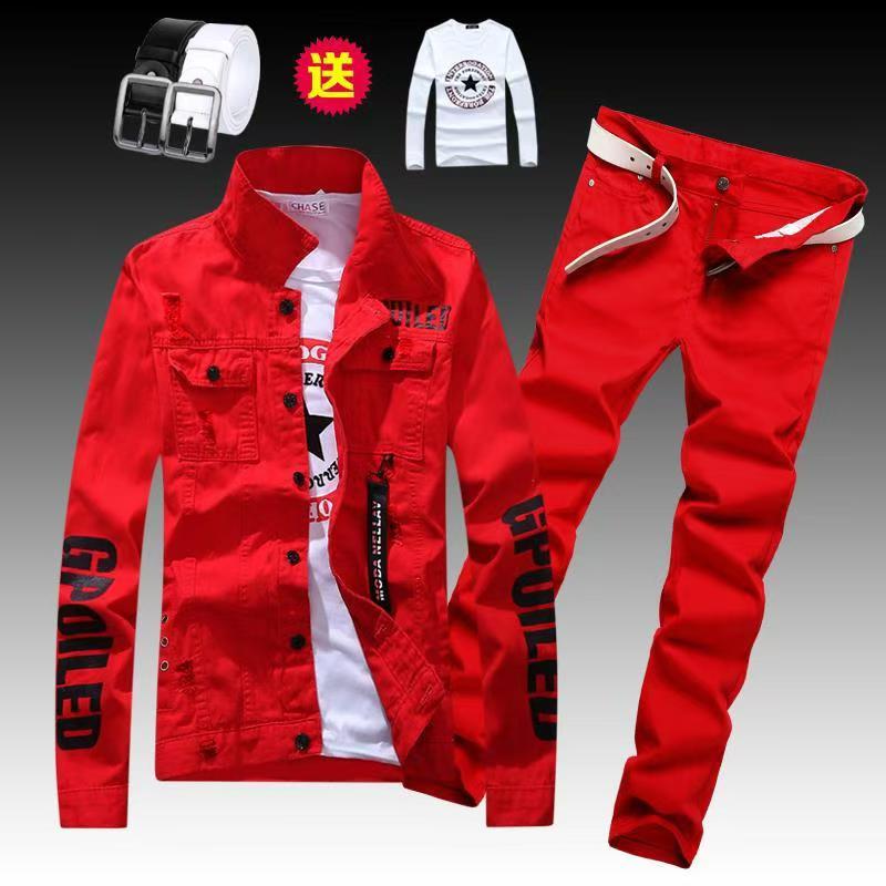 Chaqueta vaquera ajustada para hombre, pantalones, conjunto de 2 uds., abrigos de manga larga con estampado de letras, pantalones informales de talla grande en negro, blanco y rojo para niños