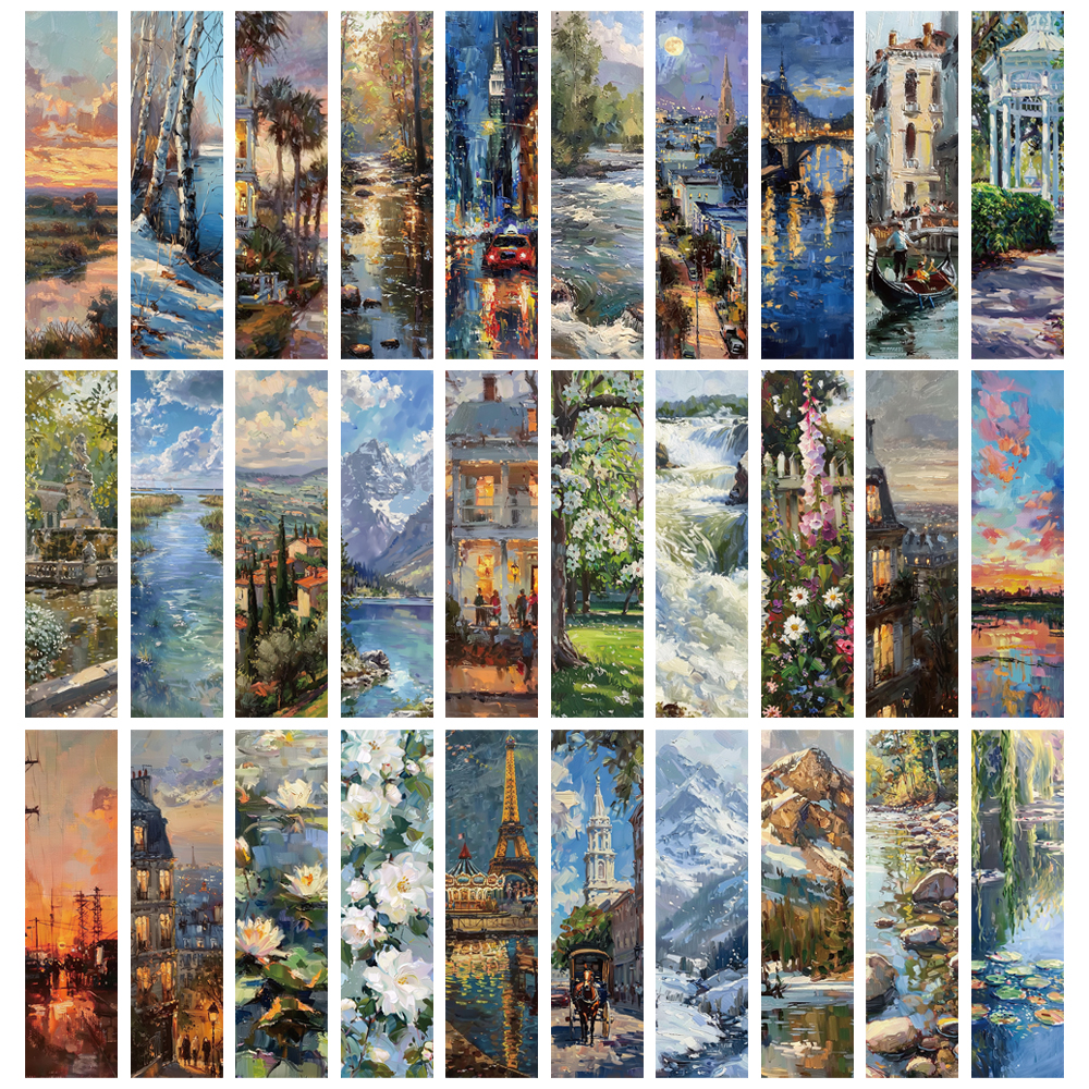 30PCS ภาพวาดสีน้ํามันภูมิทัศน์บุ๊คมาร์คแล็ปท็อปพื้นหลัง Wall Decor กระเป๋าเดินทางความงามตกแต่ง Art Picture Card บุ๊คมาร์ค