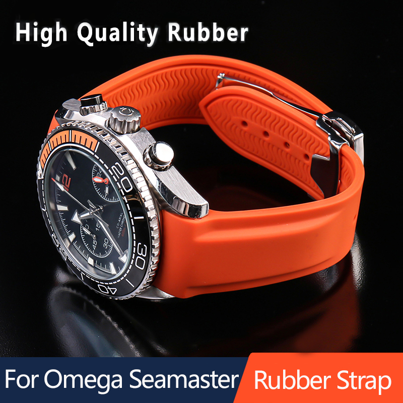 Gelang Jam Tangan Silikon Karet untuk Omega Colon 300 Gulungan Jam Tangan Ujung Melengkung Tahan Air Biru Hitam Jingga 20Mm 22Mm