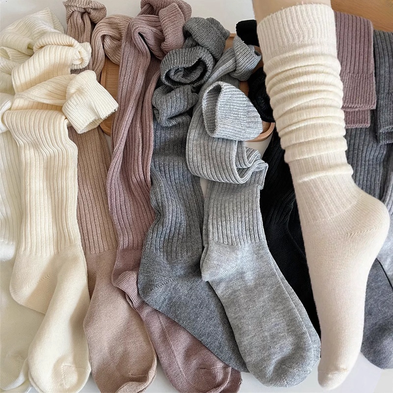 Meias longas de lã macia mulheres outono inverno caxemira sólida malha meia magro casual joelho alto fofo quente engrossar meninas meias