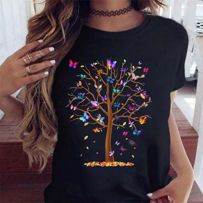 Kobieta motyl drzewo drukuj Harajuku letnie koszulki Casual wokół szyi koszulka z krótkim rękawem koszulka damska czarna koszulka Drop Ship
