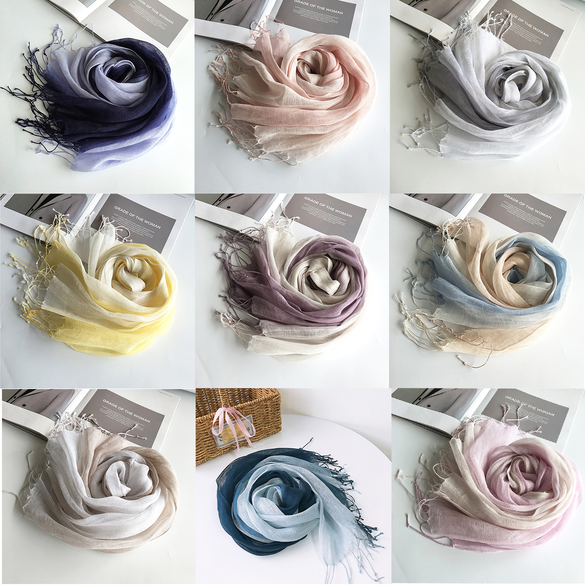Syal wanita musim semi/musim panas warna gradien linen 100%.
