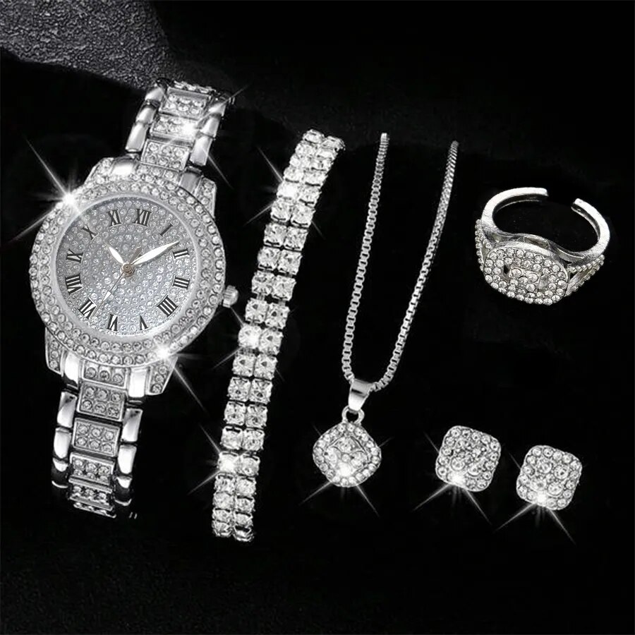 6 pçs relógio feminino de luxo elegante liga relógio de pulso de cristal para senhoras presente relógio de quartzo liga strass pulseira montre