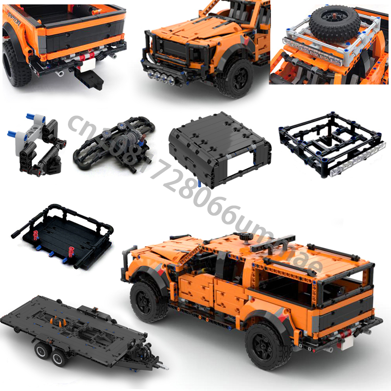 2024 MOC テクニカルピックアップ F-150 ラプタートレーラーヒッチクレーンプラットフォームハードトップバンパー 42126 ビルディングブロック DIY レンガおもちゃギフト