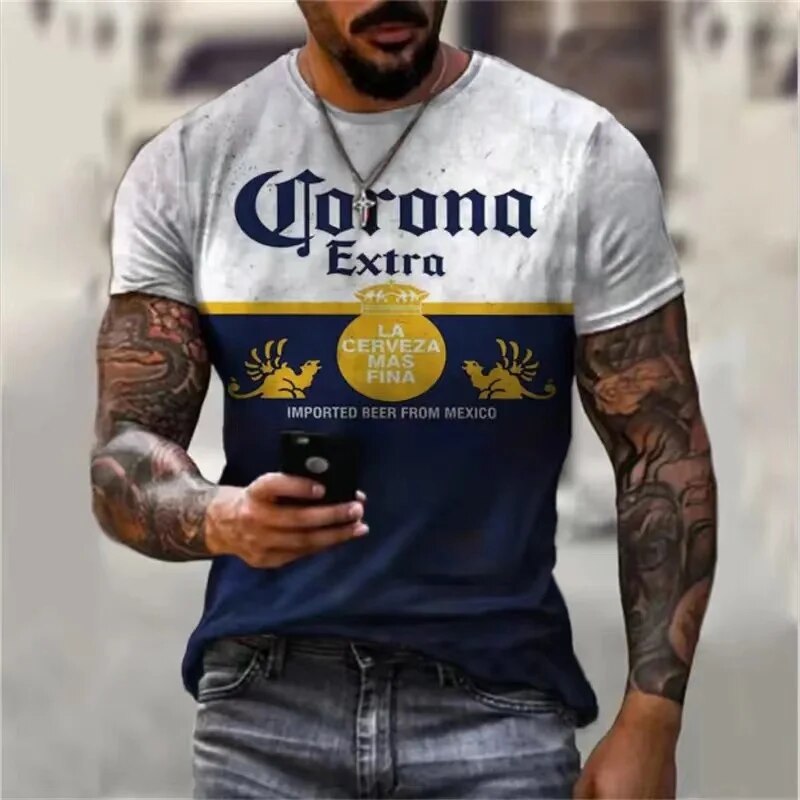 Camiseta de manga curta estampada com cerveja masculina, streetwear grande, camiseta com monograma vintage masculino, roupas casuais de verão, nova moda