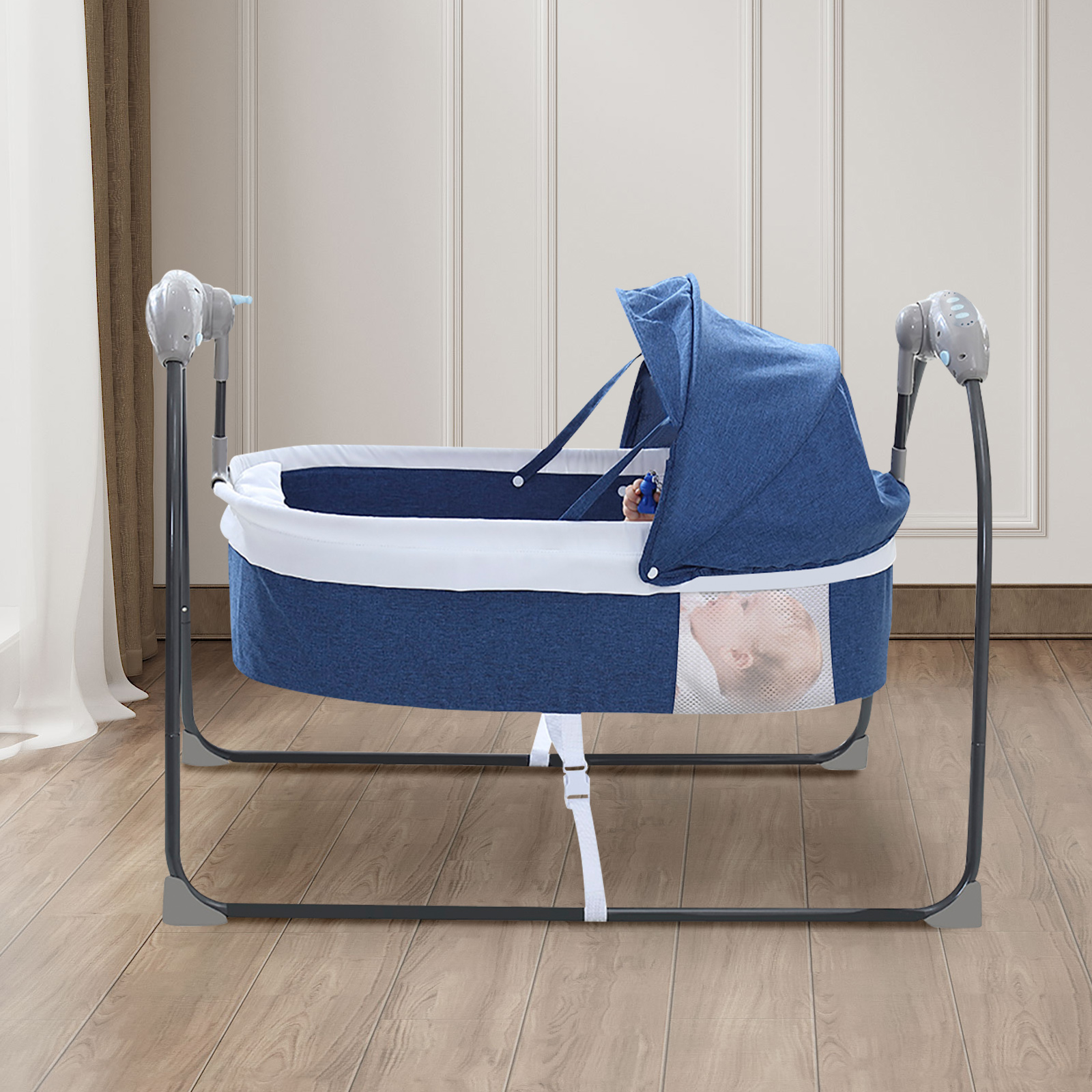 Cama de agitação elétrica para bebês, dobrável, portátil, berço independente, cadeira de balancim remota, tenda blackout, cabo usb para 0 a 12 meses