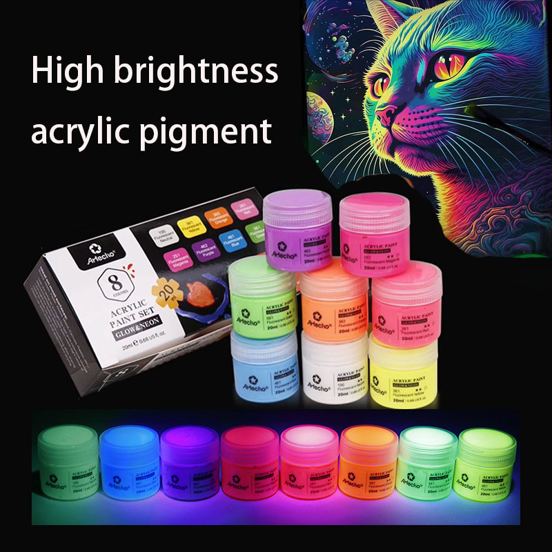Conjunto de pigmento que brilha no escuro, 8 cores, 20ml, tinta à base de água, pintado à mão, graffiti, bolsa diy, sapatos, roupas, pigmento noturno