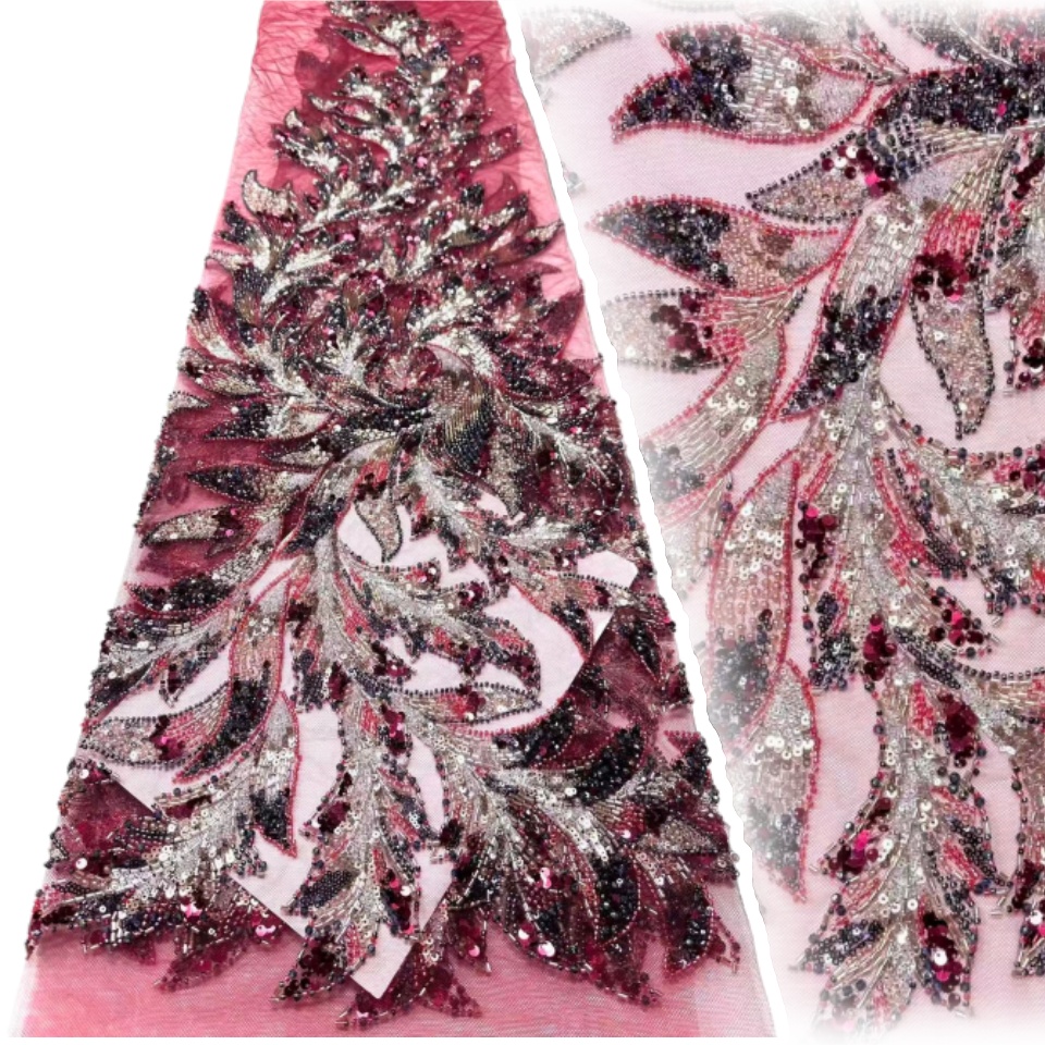 Tecido de Renda Pesada com Miçangas Africanas de 2 Jardas, Tecido de Renda Francesa de Alta Qualidade com Lantejoulas para Vestido de Noiva e Festa 2200