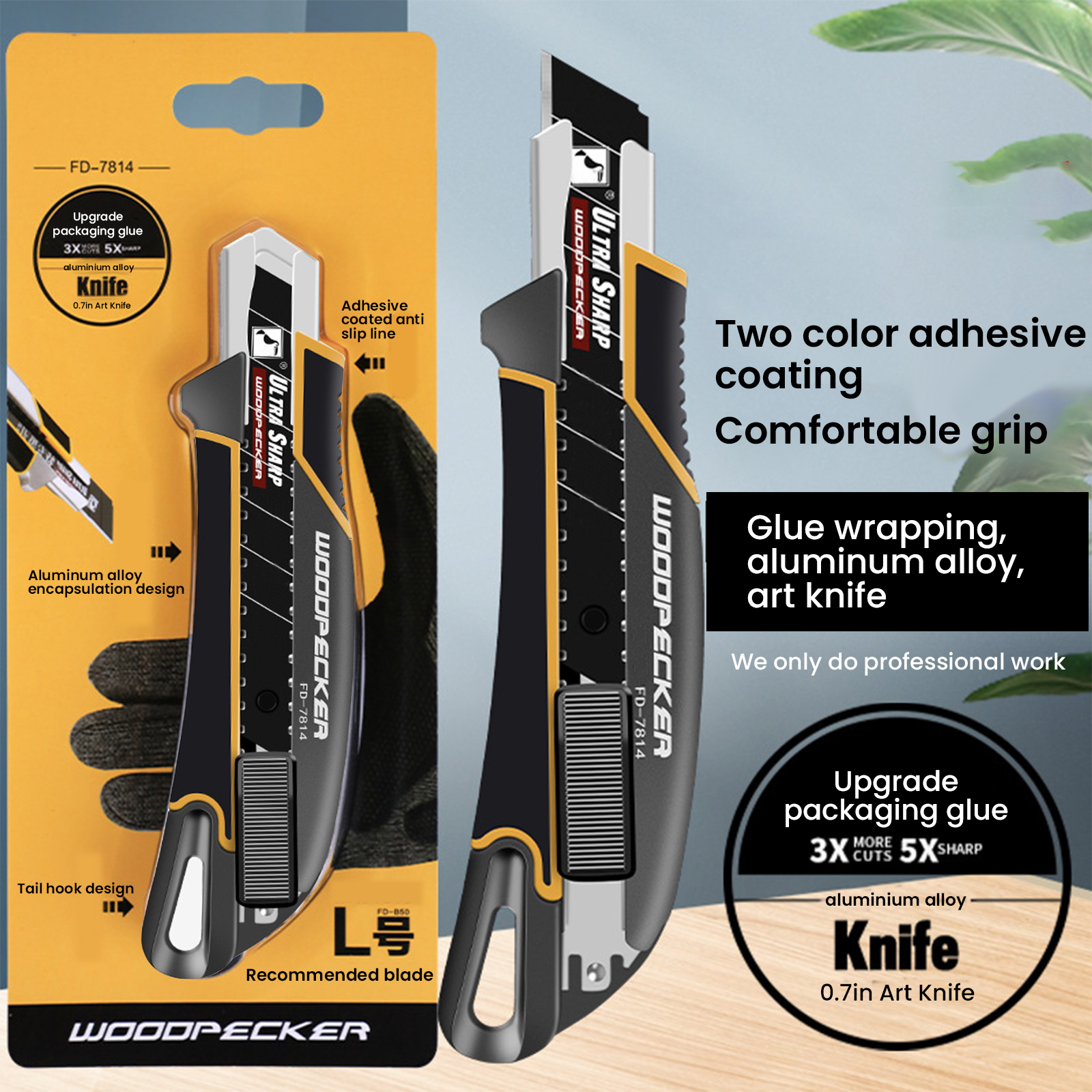 Cuchillo utilitario de hoja negra Woodpecker, herramienta de papel tapiz de 18mm, aleación de aluminio, bloqueo automático, sin sacudir, suministros de arte