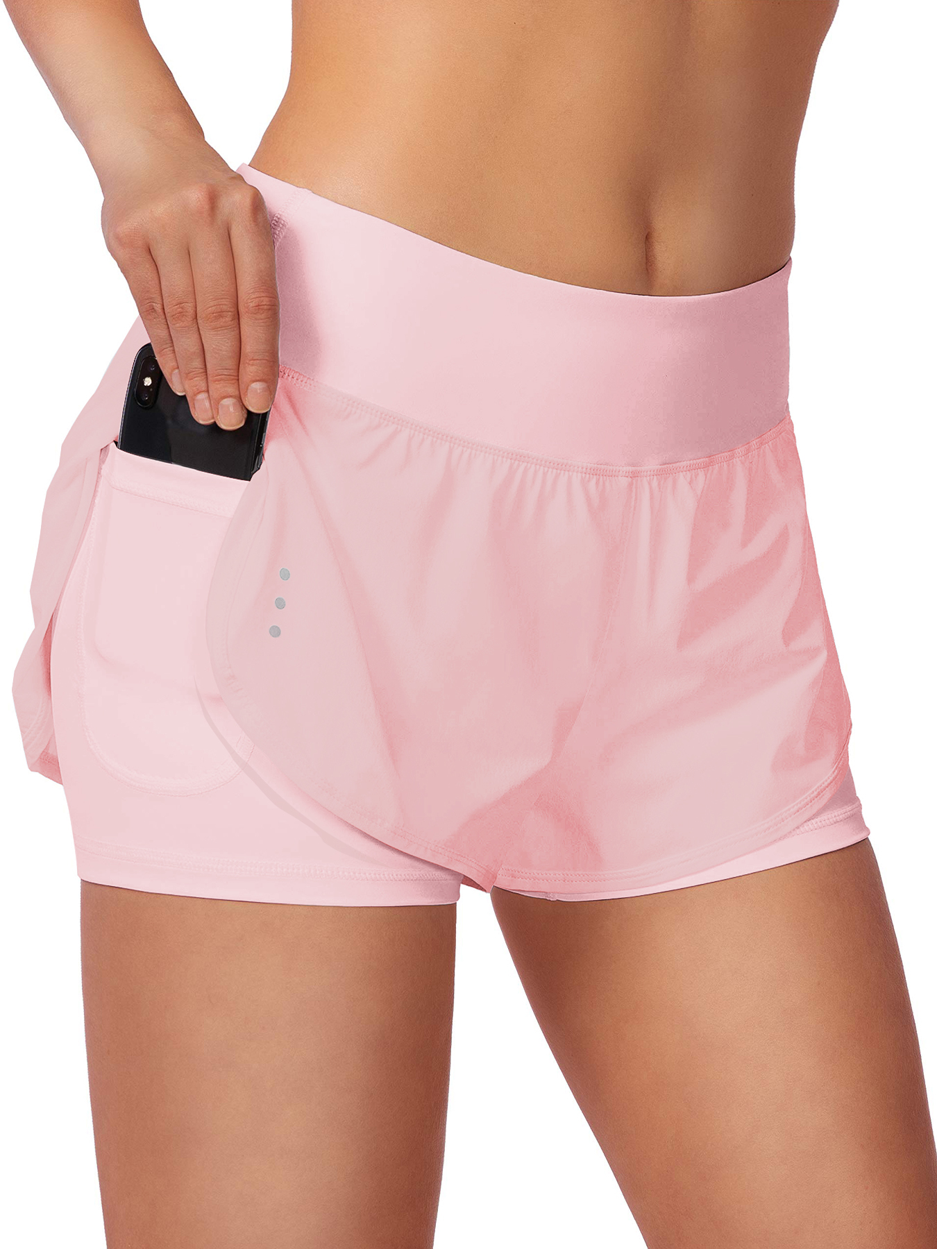 Women's 2-in-1 running shorts, high waist spandex shorts, suitable for gym, yoga, and exercise, with zippered pockets