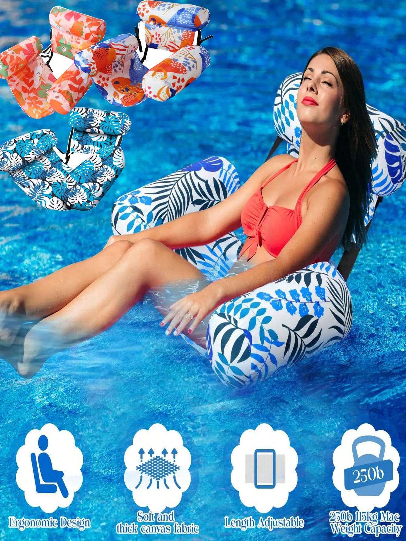 1 Uds nueva hamaca inflable de agua con reposabrazos sofá tumbona flotante de PVC para adultos tumbona inflable flotante de piscina con estampado de verano
