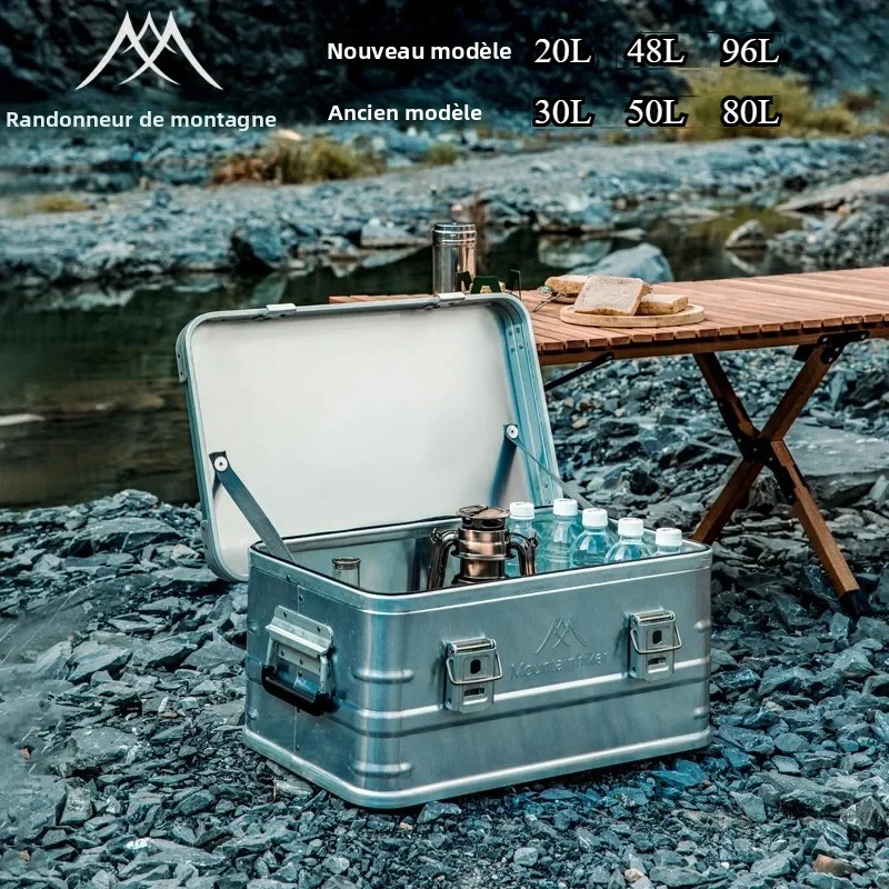 Boîte de rangement de voyage en alliage d'aluminium 30L 50L 80L, boîte de rangement noire pour le camping, la maison, la voiture, le pique-nique, les voyages, le camping en plein air