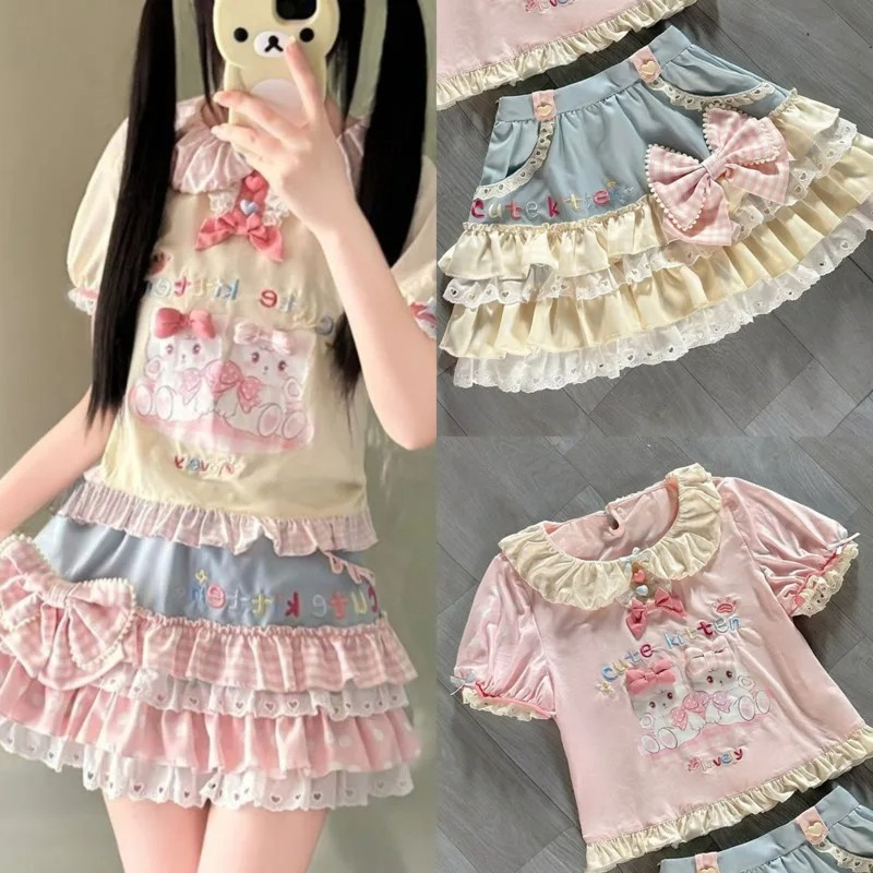 Топы с принтом Лолиты, блузка с бантом Y2K JK Lolita Japan Kawaii Girl, милая кружевная футболка трапециевидной формы, сращенная юбка-тортик, новый шик