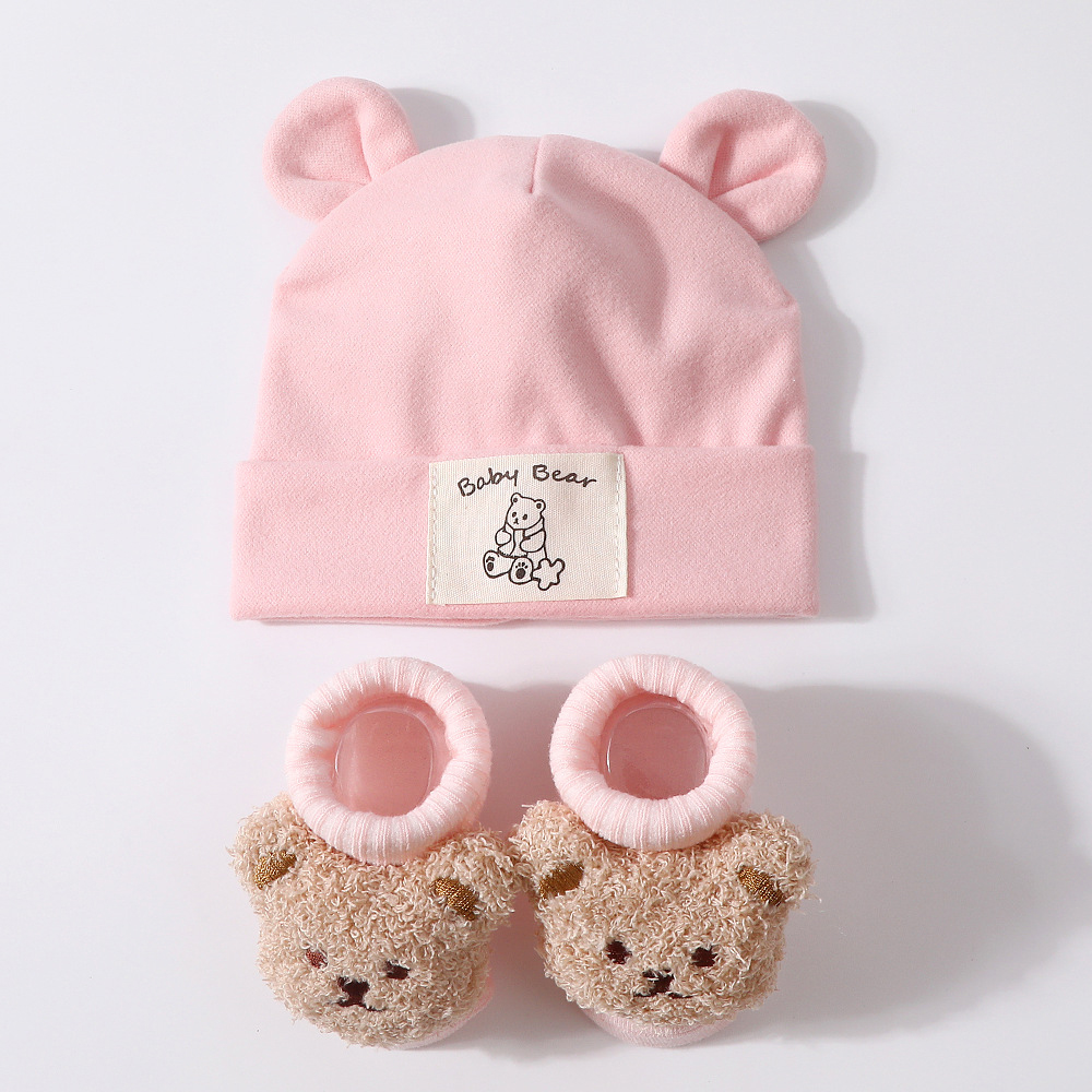 Set 2 Pezzi Cappello con Orecchie da Orso e Calzini in Maglia per Neonati, Berretto in Cotone, Accessori Caldi per Bambini Autunno Inverno
