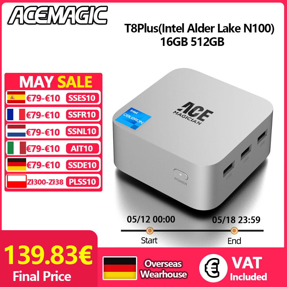 ACEMAGIC T8Plus Mini-pc Intel Alder Lake N100 16 GB LPDDR5 RAM 512 GB ROM Windows 11 BT4.2 Wifi5 4K UHD Desktopcomputers
