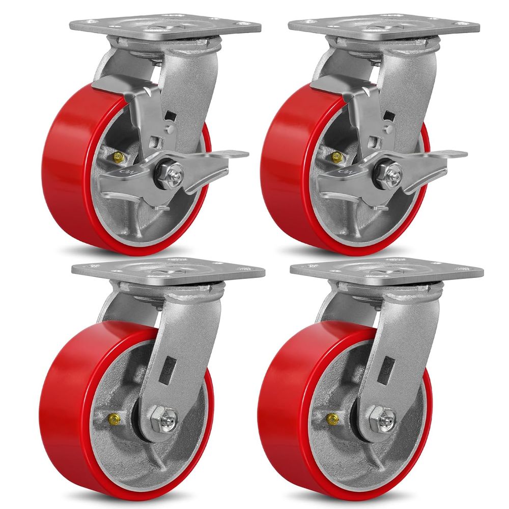 5" X 2" Industrial Plate Swivel & Brake Caster Wheels Set o 4 Heavy Duty,Load acity 4000lbs, No Noise Polyurethane Wheel on Stee