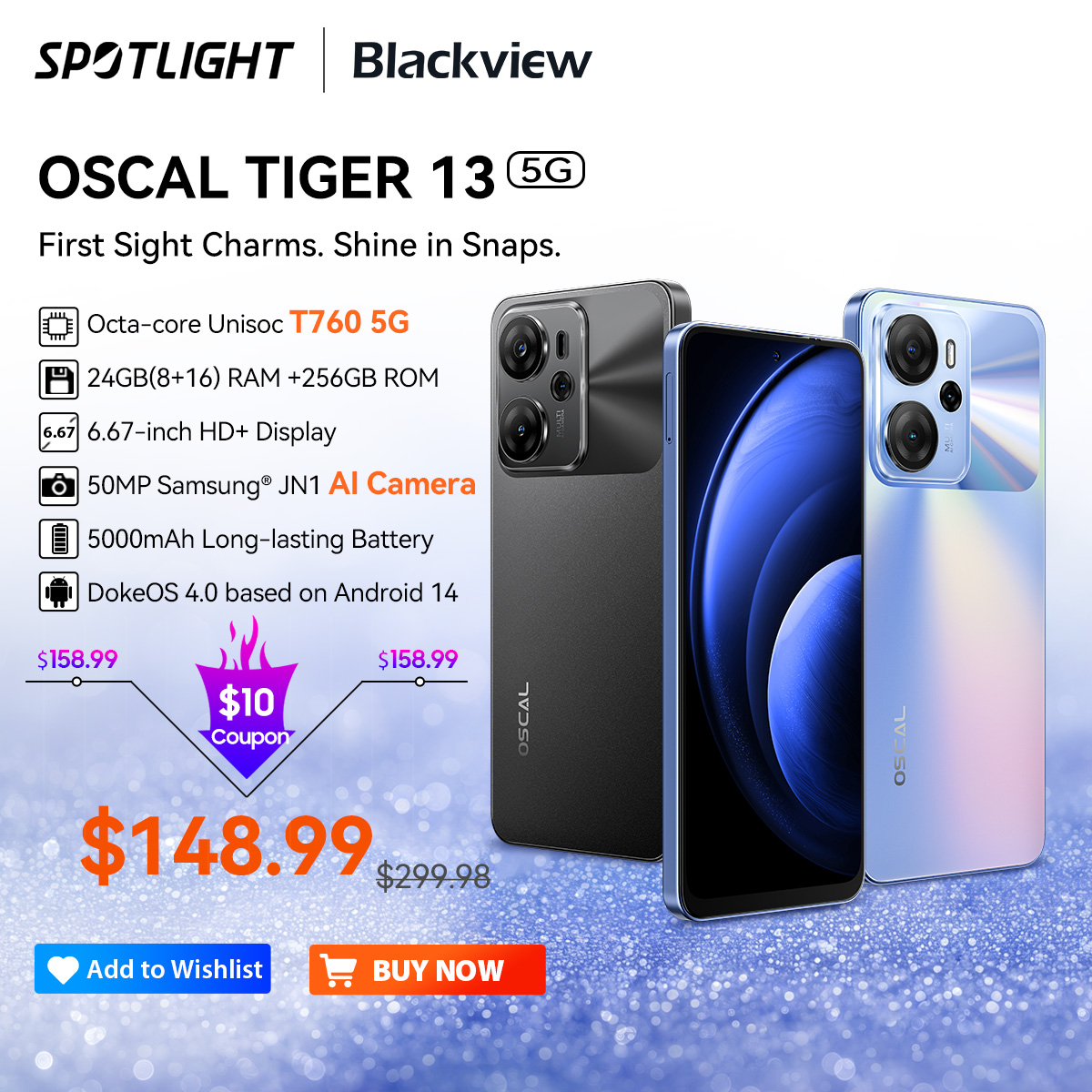 Blackview OSCAL TIGER 13 5G 스마트폰, 6.67 인치 디스플레이, T760, 8GB + 256GB, 50MP AI 카메라 휴대폰, 5000mAh NFC