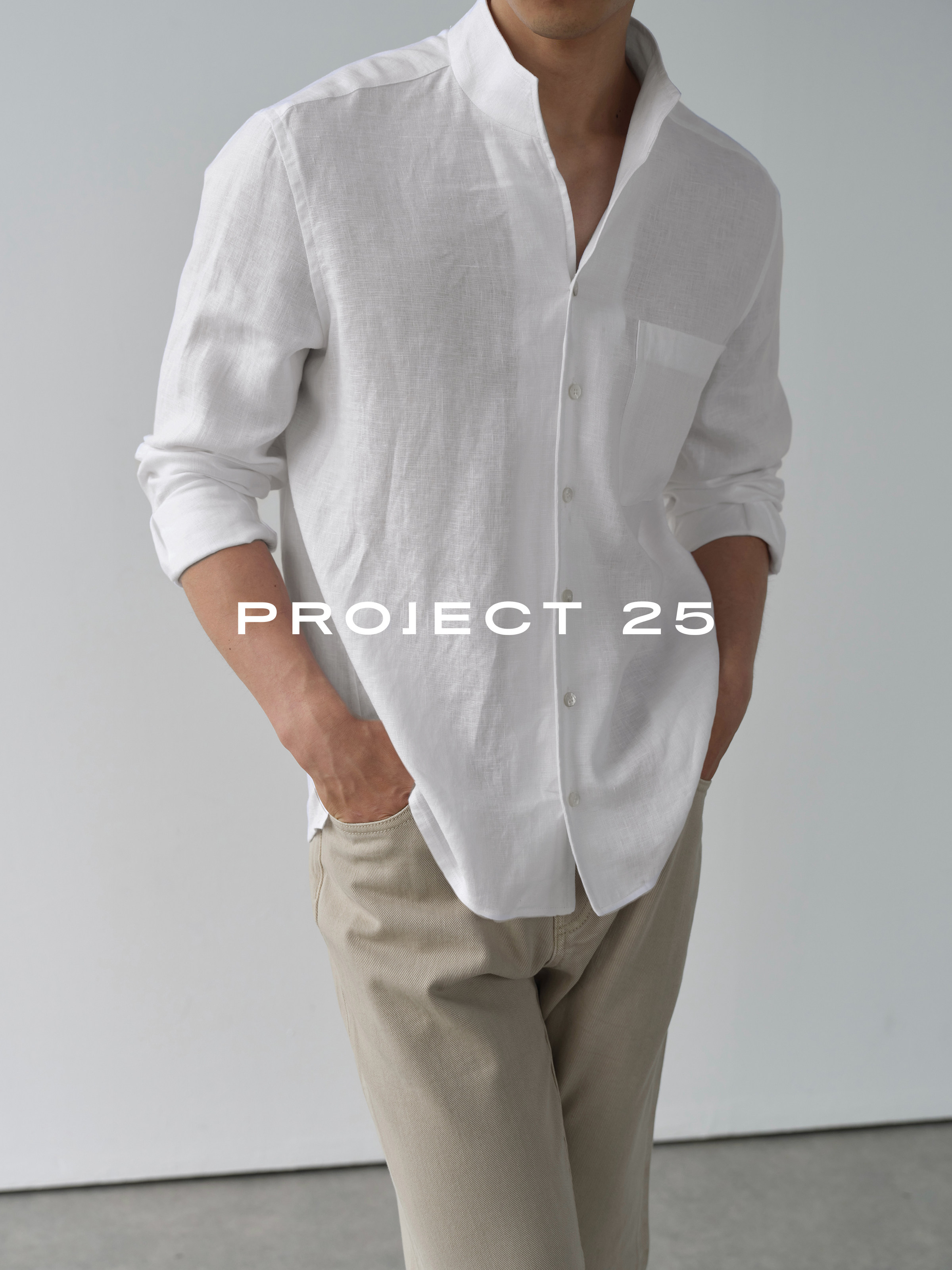 Camisa Masculina PROJECT 25 100% Linho Respirável e Fresca com Gola Italiana Solta de Manga Longa Estilo Casual Primavera Outono