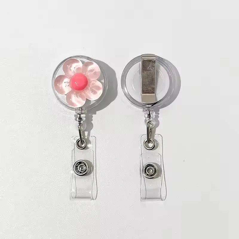 1pcs Cute Transparent Floral Badge Reel for Women Retractable Worker ID Card Pull Buckle Doctore Nurse ID Card Badge Holder Clip