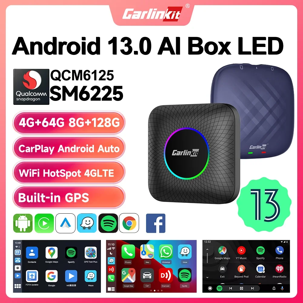 CarlinKit CarPlay AI Box 2026, Android 13.0 QCM6225 de 8 Núcleos, Adaptador Inalámbrico Android Auto CarPlay, 2.4+5GGPS, 64G/128G, Actualización FOTA