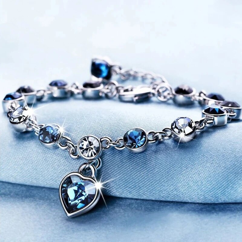 Bracelet porte-bonheur en argent pour femme, breloque coeur en cristal bleu, bracelet de fiançailles de mariage pour patients, cadeau de joaillerie fine