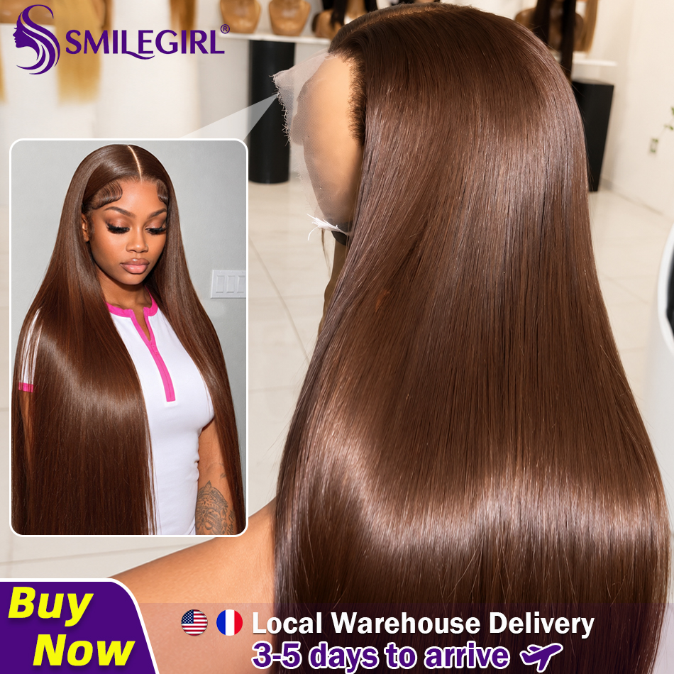 Smilegirl 32 34 Inch Chocolate Brown Bone Straight 13x6 Lace Front Wig Human Hair Straight 220% Density Frontal Wig Human Hair Brown Wigs Pre Plucked with Baby Hair
