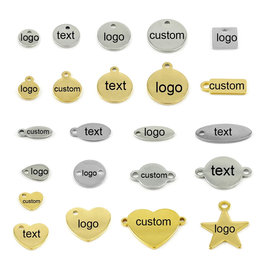 100 ชิ้น/ล็อต Custom Pandant สแตนเลส Blank Stamping แท็กสุนัข Charms เหล็กสีทอง: บุคลิกภาพเลเซอร์แกะสลักโลโก้