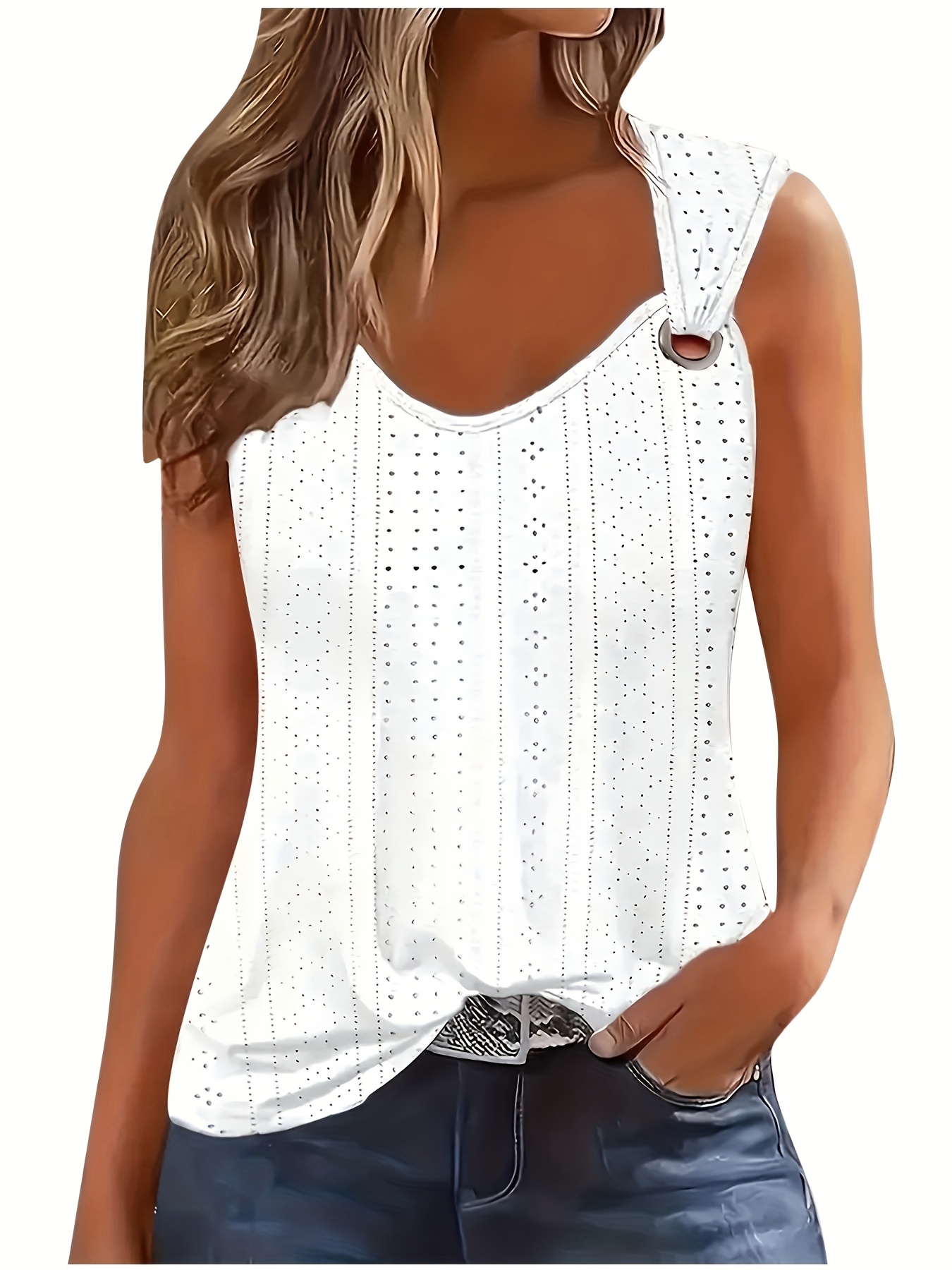 Top Feminino com Bordado em Olho de Sapo, Alças Simétricas com Fivela, Decote em V, Casual, Sem Mangas, Estilo Cami