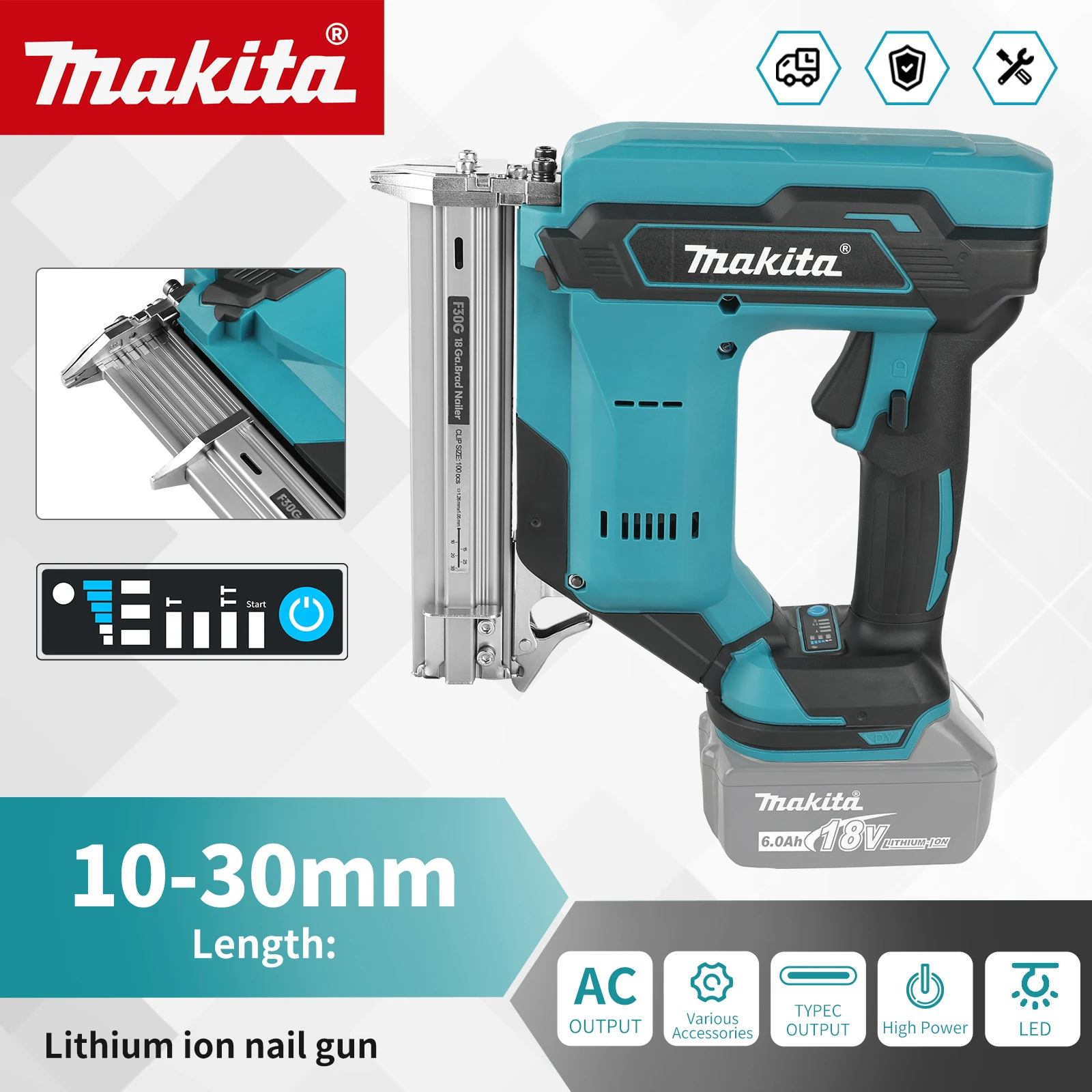 Pistola de Pregos Sem Fio Makita F30: Pregos de 10-30mm, Capacidade para 100 Pregos, Bateria de 22900mAh, Alta Velocidade e Baixo Ruído para Trabalhos em Madeira