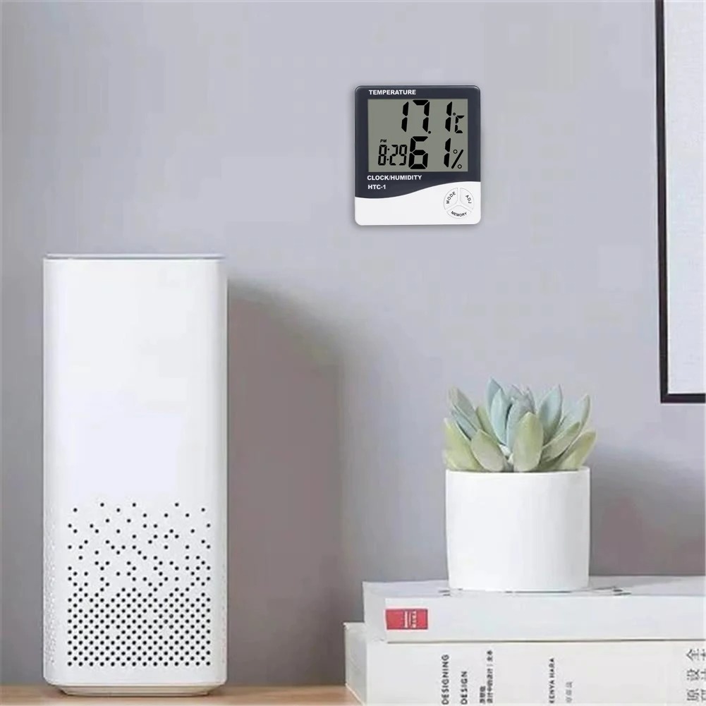 HTC-1 LCD Electronic Thermohygrometer, Weather Station With Clock Electronic Digital Temperature Humidity Meter Household