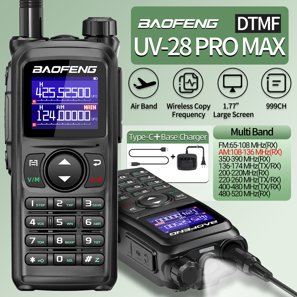 Baofeng UV-28 PRO Max トランシーバー 10W マルチバンドワイヤレスコピー周波数長距離受信機 Type-C AM 双方向ポータブルラジオ
