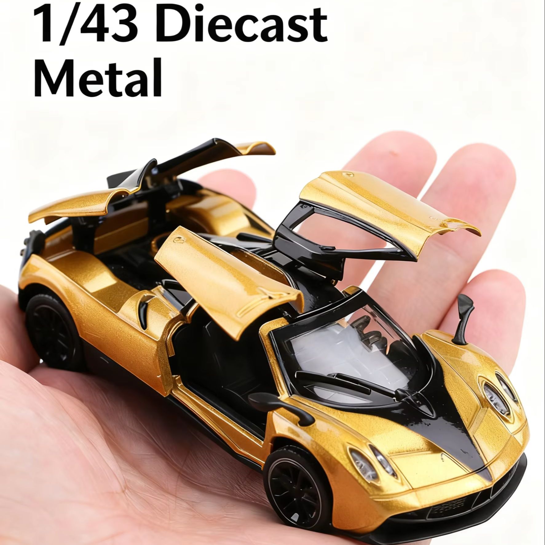 (Bagli) Auto da corsa con retro in oro in scala 1/43, metallo pressofuso, tre porte che aperte. Squisito giocattolo per ragazzi, mini macchinina tascabile.