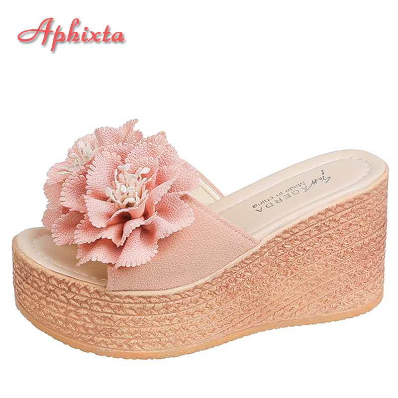 Aphixta 3.54 Inch Sleehak Vrouwen Slides Katoenen Stoffen Applicaties Schoenen Slippers Slippers Platform Strand Plus Size 42 43
