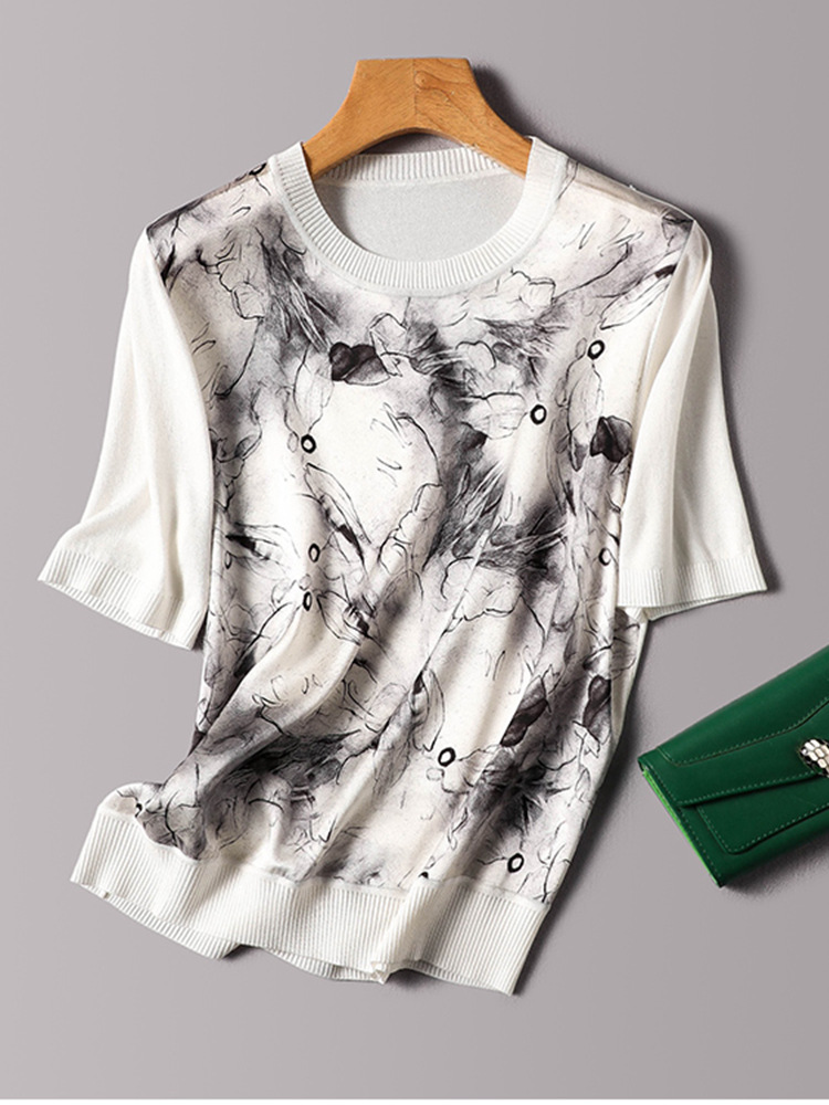 Maglietta in Seta Ghiaccio e Maglia Lavorata a Collo Tondo a Maniche Corte, Stile Donna Elegante e Slim, Collezione Estate 2026