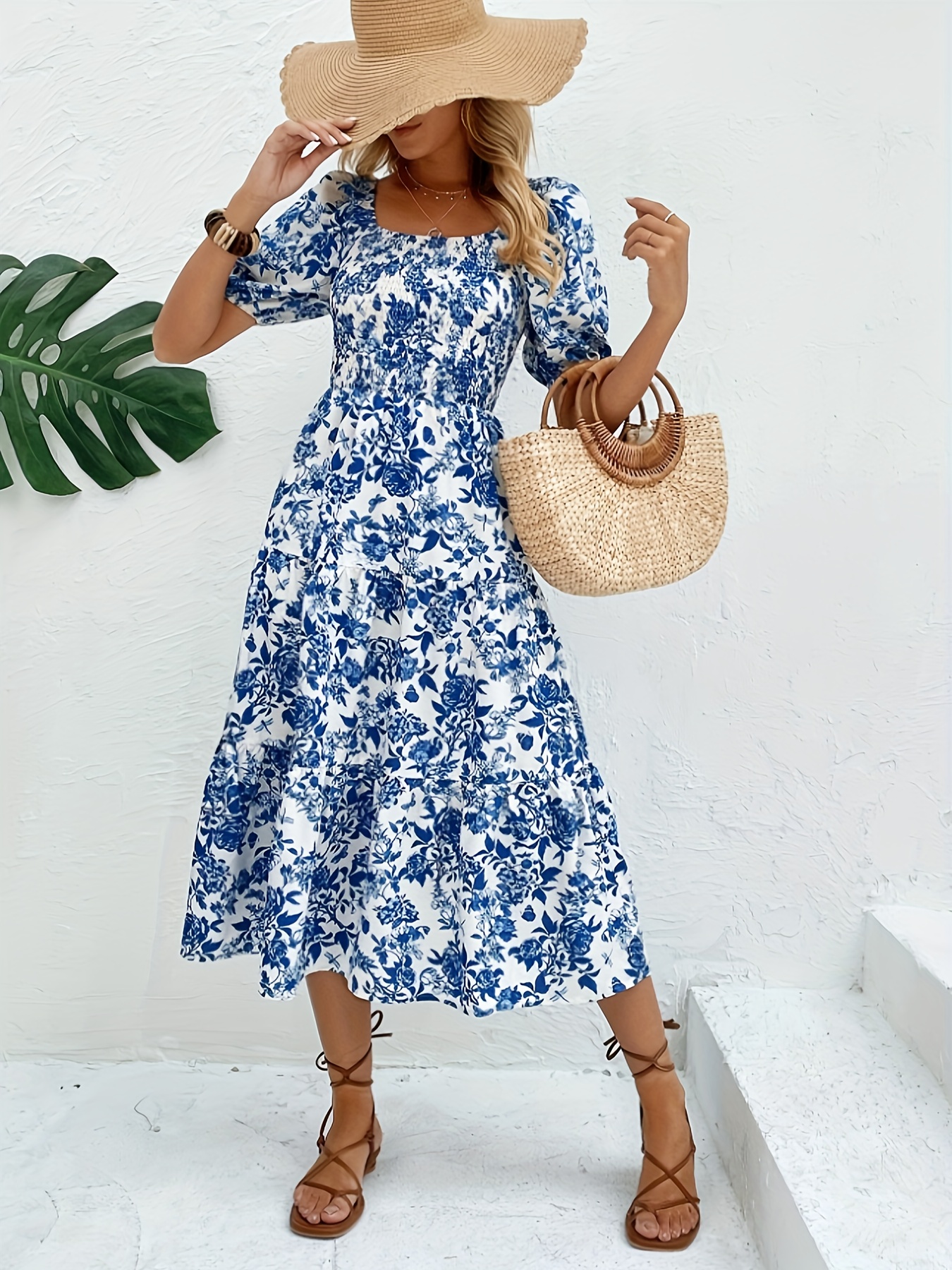 Dirección elegante Vestido largo con estampado floral y cuello Vestido largo con estampado floral Estilo elegante de moda para mujer