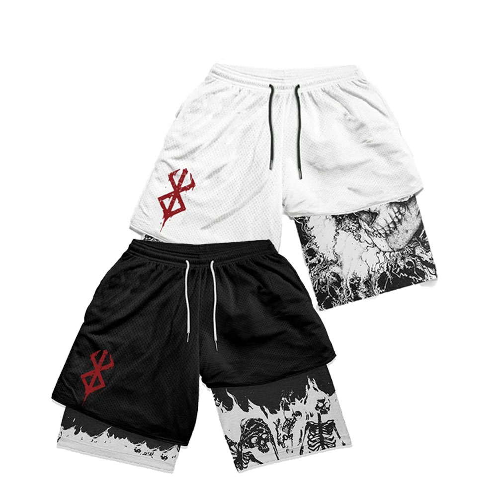 Pantalones cortos deportivos Berserk de Anime 3D para hombre, pantalones cortos 2 en 1 para gimnasio, trotar, correr, entrenamiento, pantalones cortos transpirables de doble capa para playa para hombre