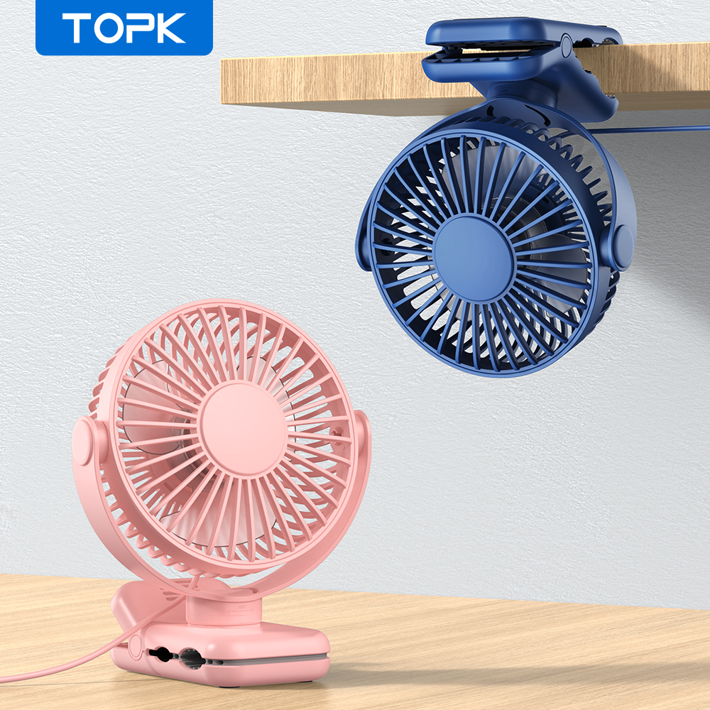 TOPK พัดลมแบบคลิปพกพาขนาดเล็ก,พัดลมตั้งโต๊ะ USB,ลมเงียบ 3 ความเร็ว 720 °   หมุนพัดลมไฟฟ้าส่วนบุคคล,พัดลมตั้งพื้นสําหรับบ้านห้อง