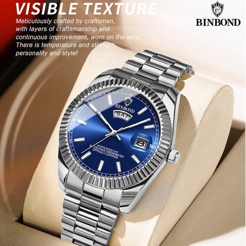 BINBOND B7012 Reloj de cuarzo deportivo de negocios a la moda para hombre 30M impermeable luminoso calendario clásico reloj creativo reloj de pulsera para hombre
