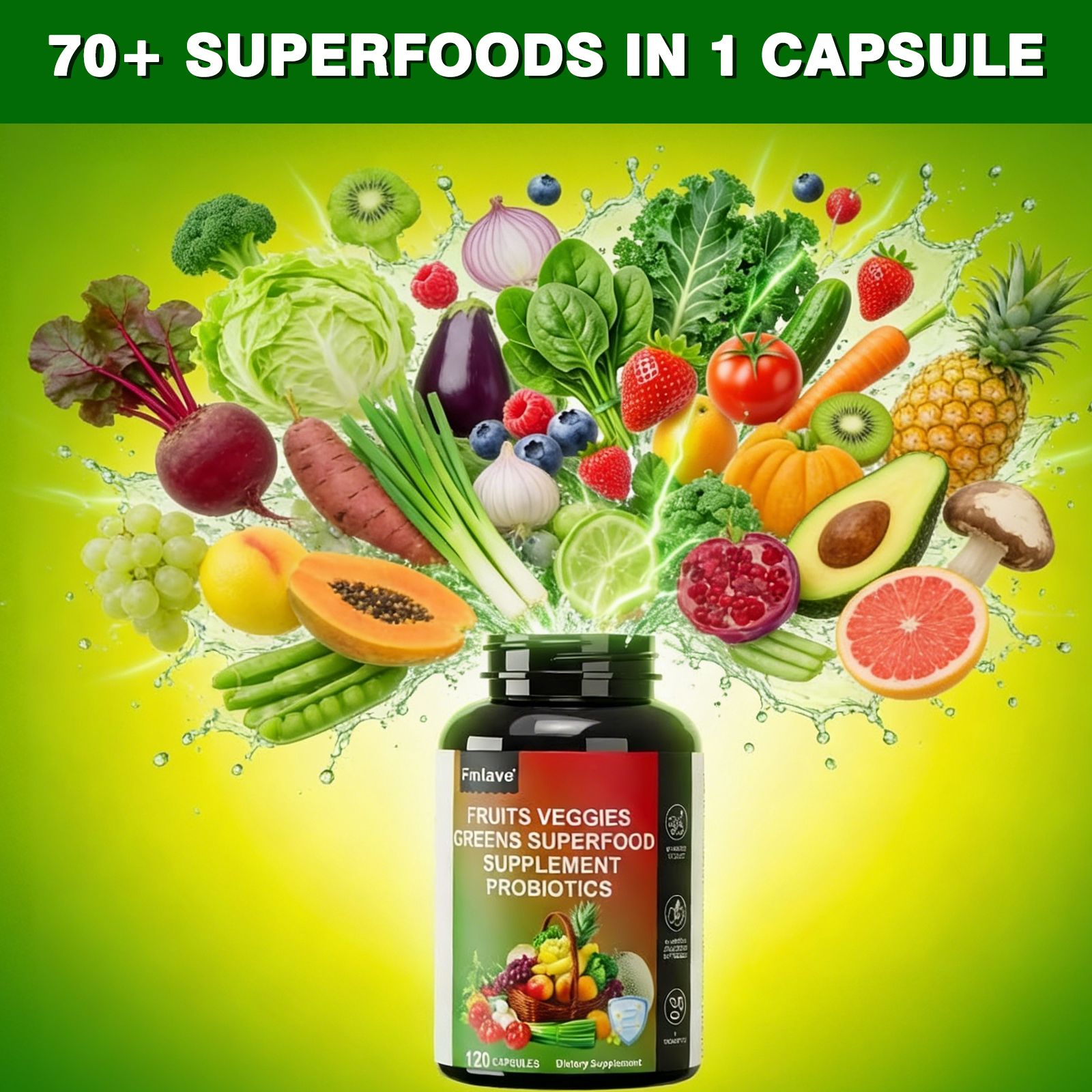 Fmlave Fruits and Veggies Supplement Reds & Green Superfood - Баланс из более чем 70 фруктовых и овощных добавок в капсулах с пробиотиками и пребиотиками для улучшения пищеварения - 120 капсул