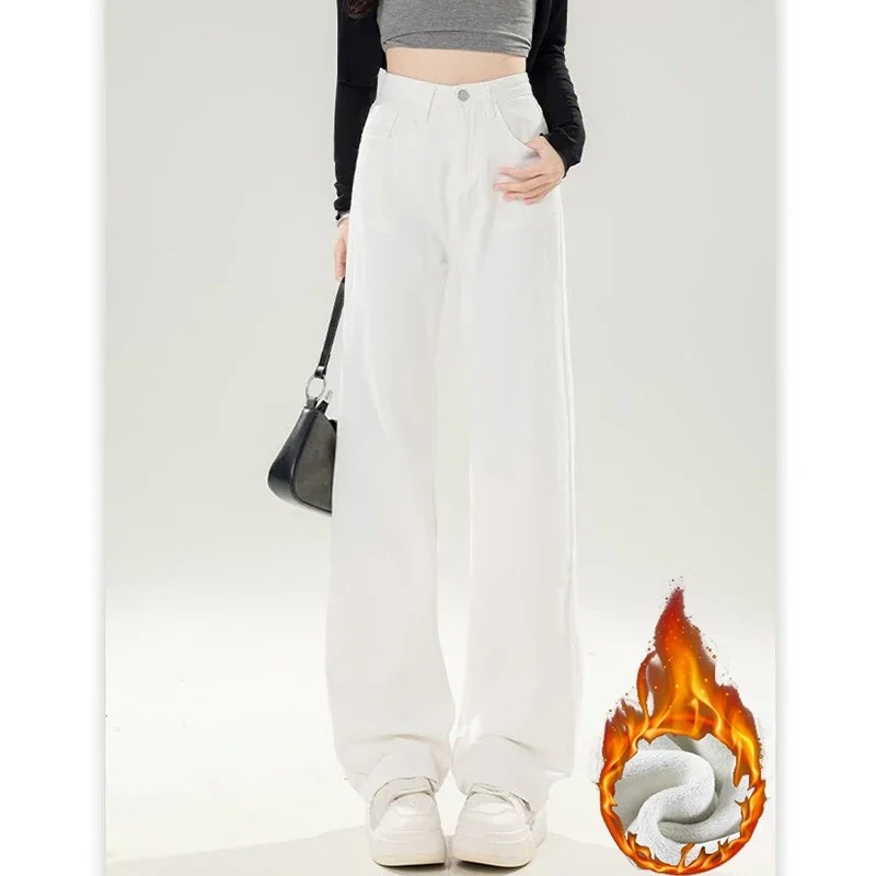 Calças Jeans Femininas Térmicas de Fleece Coreano para o Inverno, Calças de Denim Casuais de Cintura Alta, Confortáveis e Soltas para o Dia a Dia