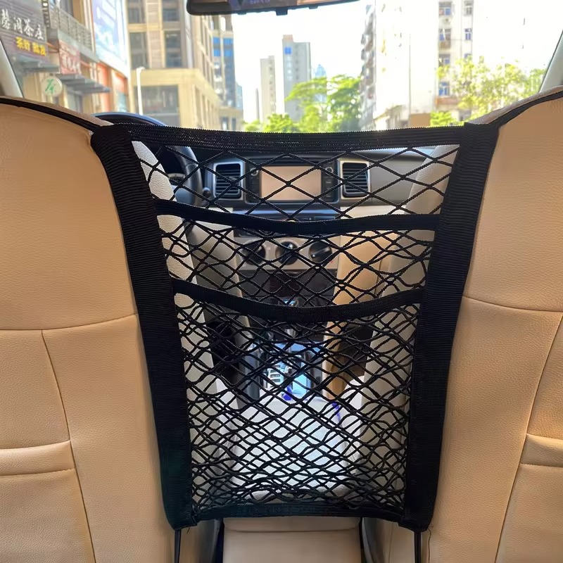 รถเก็บถุงตาข่ายระหว่างที่นั่งรถ Divider PET Barrier ยืดตาข่ายยืดหยุ่นกระเป๋า Organizer อุปกรณ์เสริมอัตโนมัติ