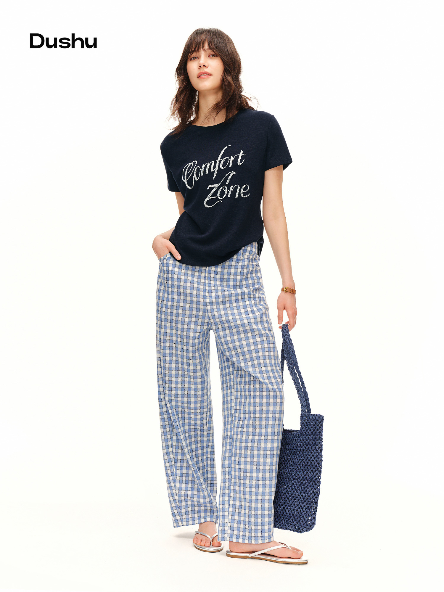 DUSHU 2026 Summer Women's Blue Plaid Barrel Leg Pants Relaxed Straight Fit - Casual Everyday Style for Summer Wear