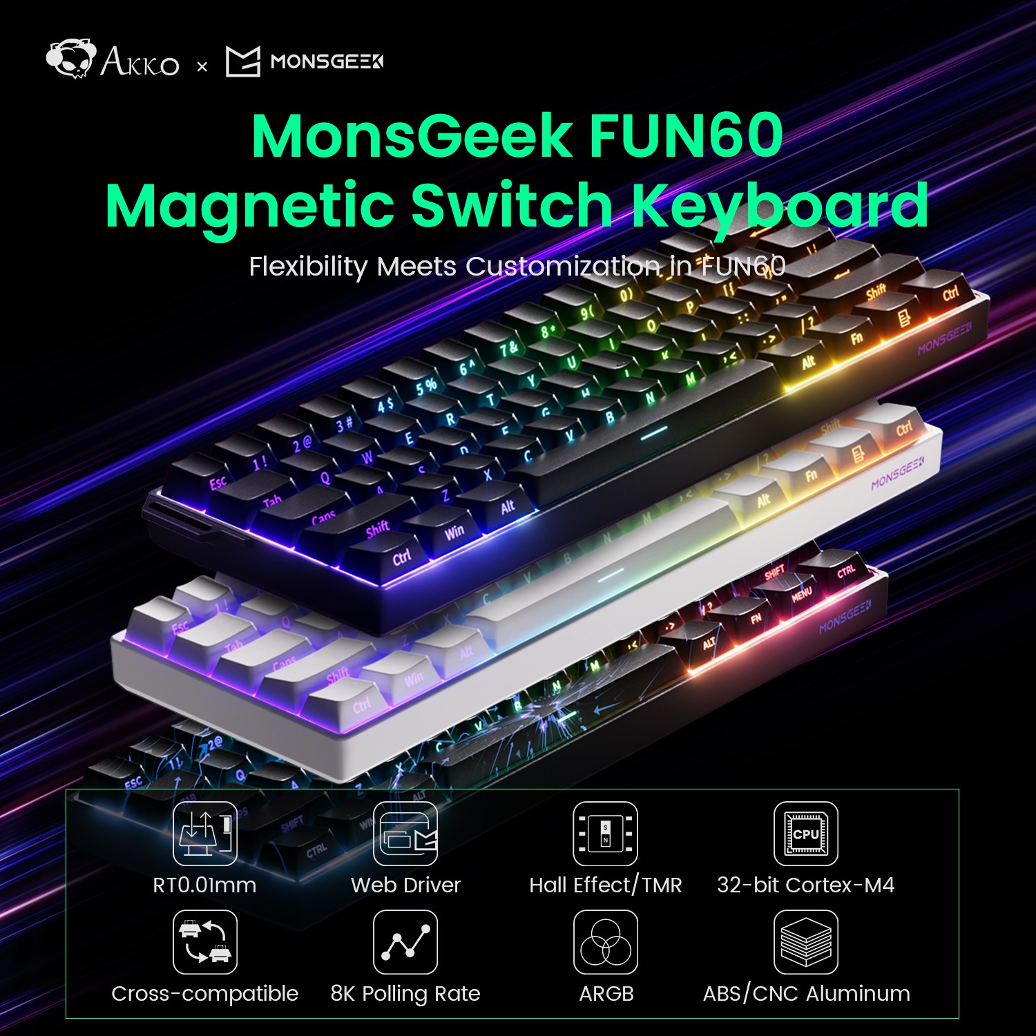 Akko MonsGeek FUN60 PRO HE Klawiatura Mechaniczna z Przełącznikami Magnetycznymi 60% Klawiatura Gamingowa Rapid Trigger 0.01mm 8K Przewodowa Klawiatura z Możliwością Personalizacji