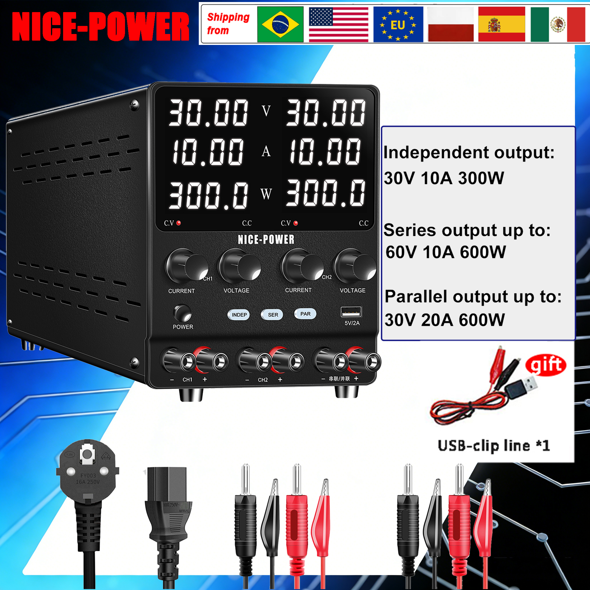 Fonte de Alimentação de Laboratório NICE-POWER 30V 10A Ajustável CH1 CH2 USB 3 Canais de Saída Regulador de Tensão 0-240V3A 60V5A