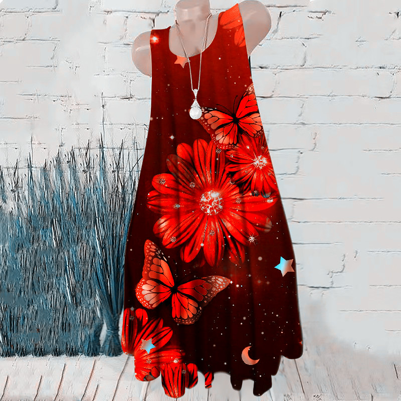 Nuevos vestidos rojos sin mangas de verano para mujer, vestidos acampanados con estampado Floral, vestido de moda con estampado 3D, Vestido corto holgado informal para playa para mujer