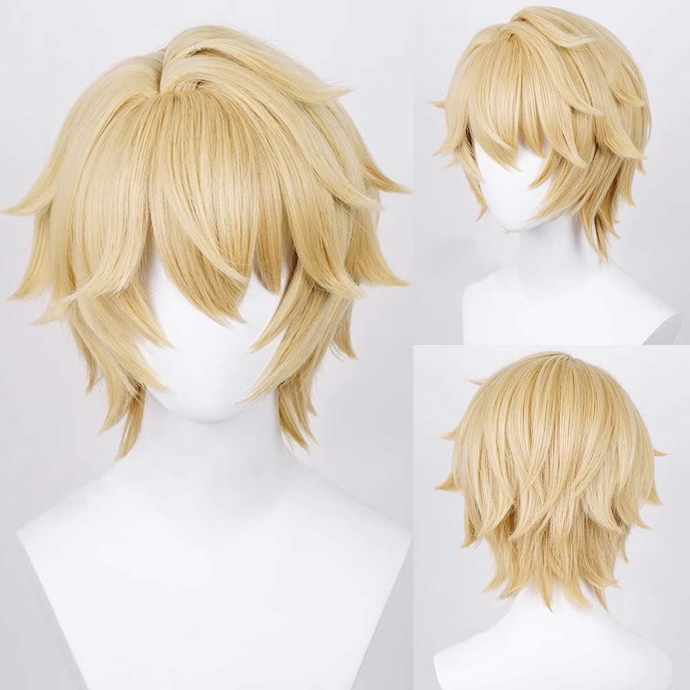 สังเคราะห์สีบลอนด์สั้นตรงวิกผม Bangs อะนิเมะเกมคอสเพลย์ Fluffy Men วิกผมทนความร้อนสําหรับปาร์ตี้