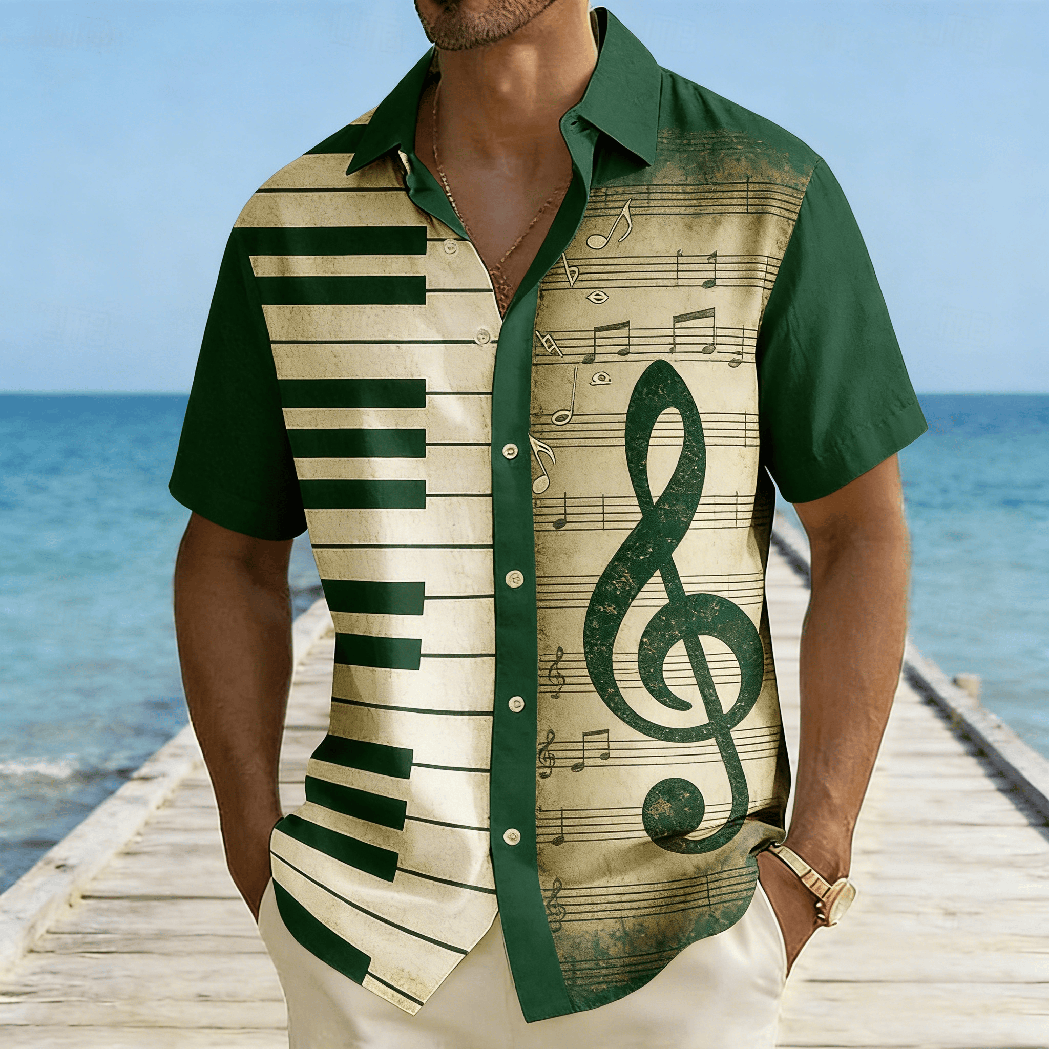 Camisa Masculina de Manga Curta com Estampa de Piano e Clave de Sol, Design de Notas Musicais, Botões Frontais para Primavera Verão Casual
