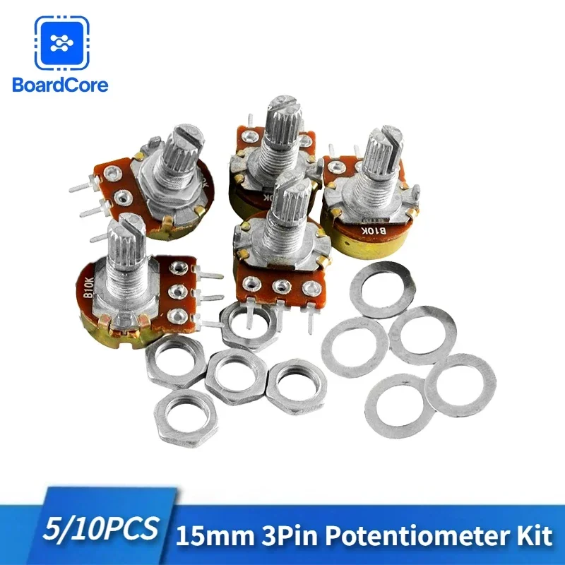 5/10 SZT. Potencjometr WH148, trzpień 15mm, 3-pinowy, B1K B5K B10K B20K B50K B100K B500K, liniowy potencjometr do regulacji głośności audio z nakrętkami i podkładkami