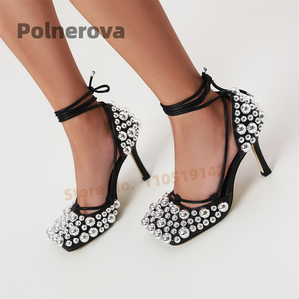 Silver Gold Metal Ball Cover Heel Sandals for Women High Heels Square Toe Ankle Strap Rivet Leather Stilettos Party Shoes Summer